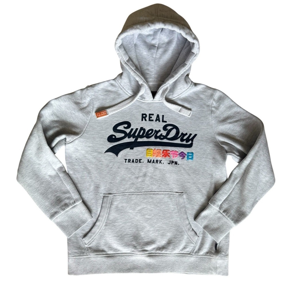 SUPERDRY Hoodie Women's UK 14 US 10 EU 42 Gray Logo Graphic Pullover Japan Style